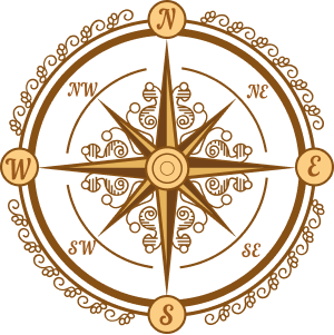 Decorative compass rose design with ornate details, highlighting directions relevant to All In Adventures escape rooms.