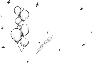 Balloons, stars and a flying rocket representing the fun and excitement of Escape Rooms at All In Adventures.