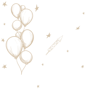 Balloons, stars and a flying rocket representing the fun and excitement of Escape Rooms at All In Adventures.