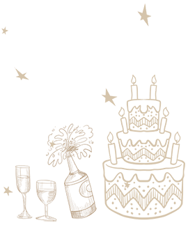 A huge birthday cake, two wine glasses, and a bottle of wine, featuring the fun and excitement of escape room birthday parties at All In Adventures.